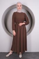 Tesettür giyim KAHVE BELİ LASTİKLİ KUŞAKLI ELBİSE T 50013