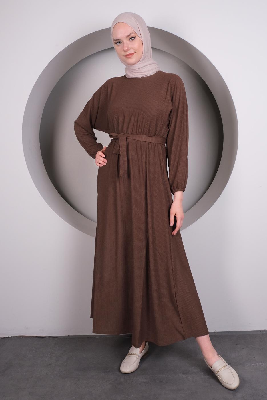 Tesettür giyim KAHVE BELİ LASTİKLİ KUŞAKLI ELBİSE T 50013