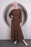 Tesettür giyim KAHVE BELİ LASTİKLİ KUŞAKLI ELBİSE T 50013