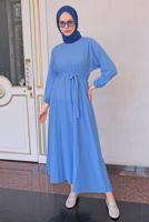 Tesettür giyim MAVİ BELİ LASTİKLİ KUŞAKLI ELBİSE T 50013
