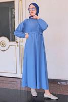 Tesettür giyim MAVİ BELİ LASTİKLİ KUŞAKLI ELBİSE T 50013