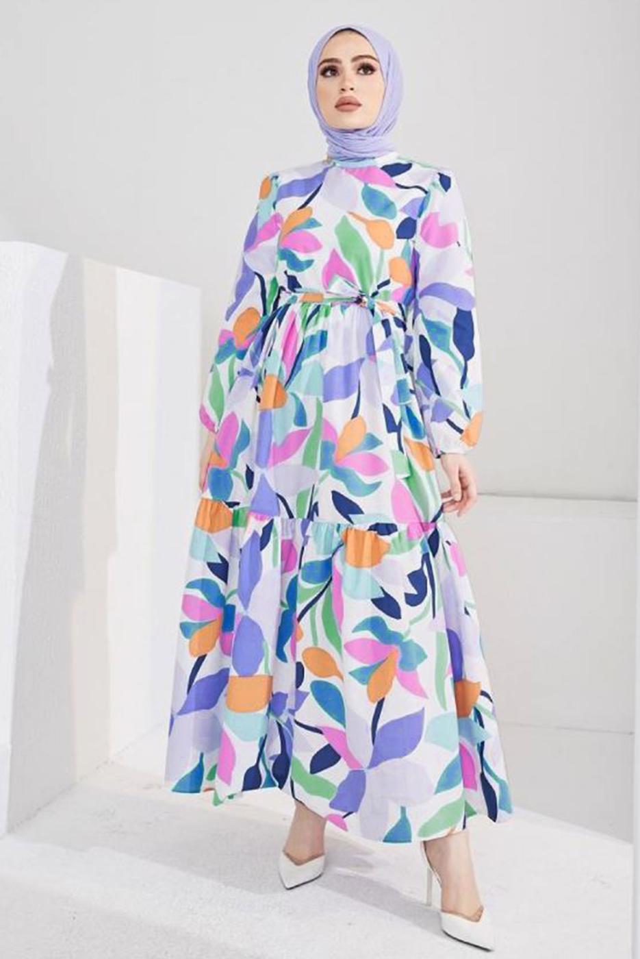 Tesettür giyim MOR ÇOK RENKLİ DESENLİ KUŞAKLI ELBİSE T 5008