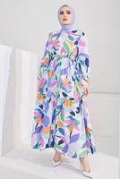 Tesettür giyim MOR ÇOK RENKLİ DESENLİ KUŞAKLI ELBİSE T 5008