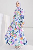 Tesettür giyim MOR ÇOK RENKLİ DESENLİ KUŞAKLI ELBİSE T 5008