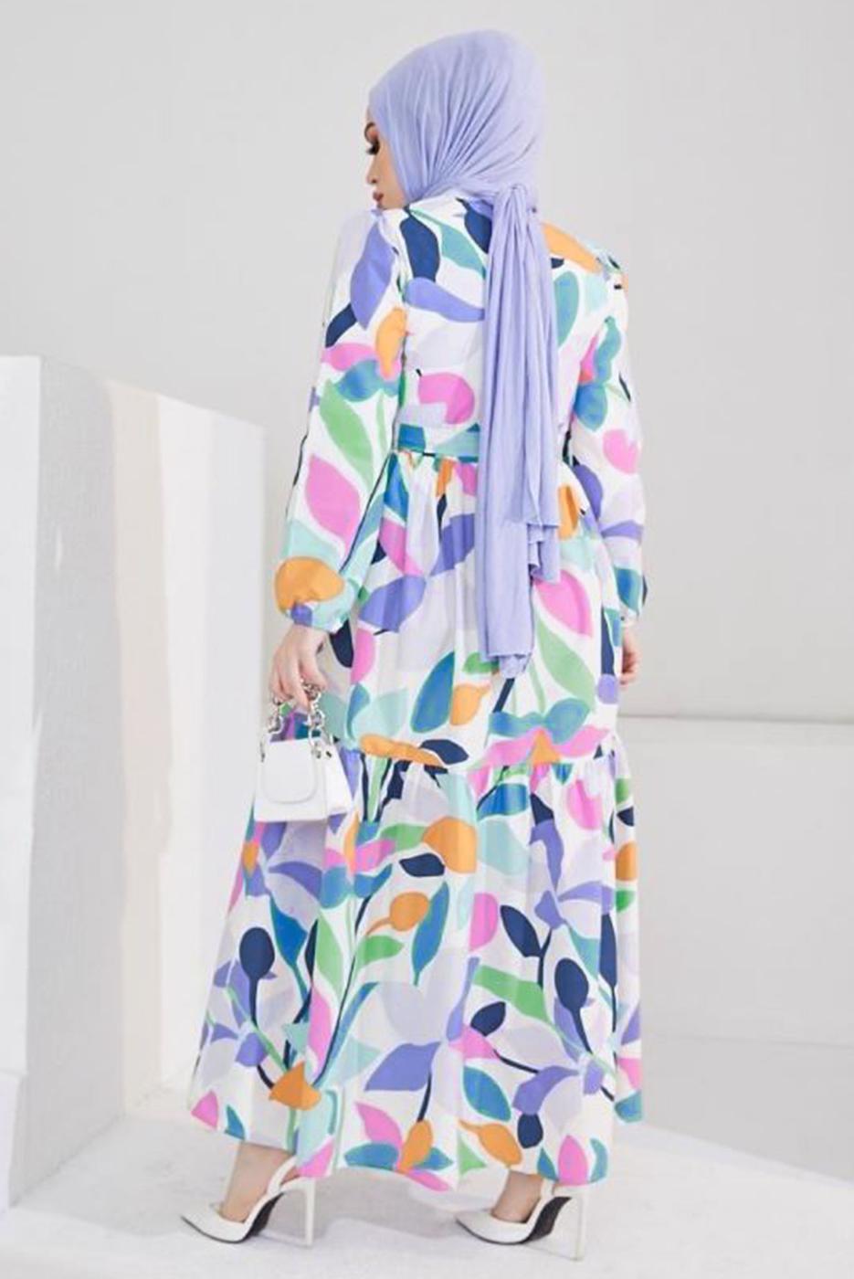 Tesettür giyim MOR ÇOK RENKLİ DESENLİ KUŞAKLI ELBİSE T 5008