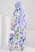 Tesettür giyim MOR ÇOK RENKLİ DESENLİ KUŞAKLI ELBİSE T 5008