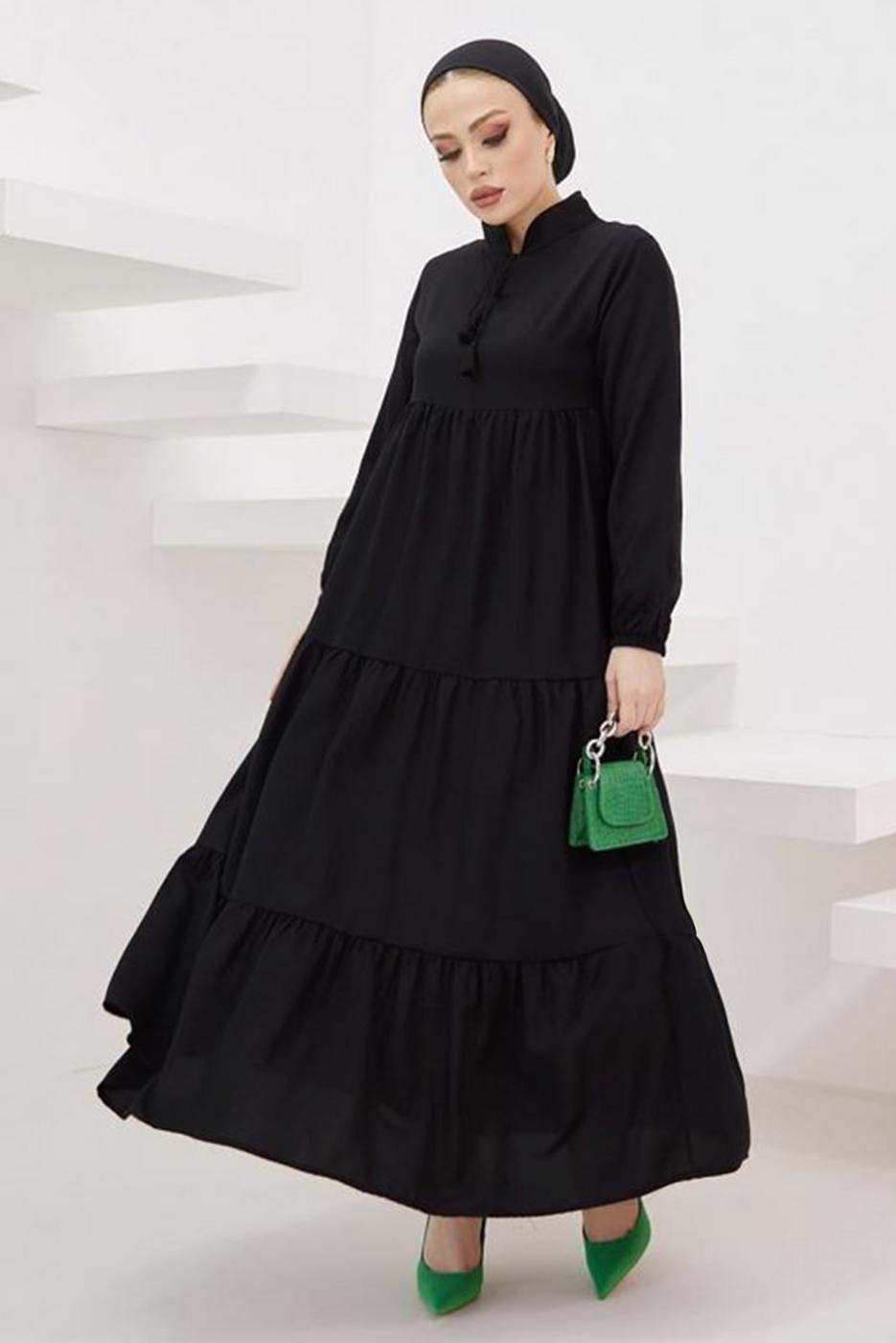 Tesettür giyim SİYAH HAKİM YAKA ROBALI SALAŞ ELBİSE T 524