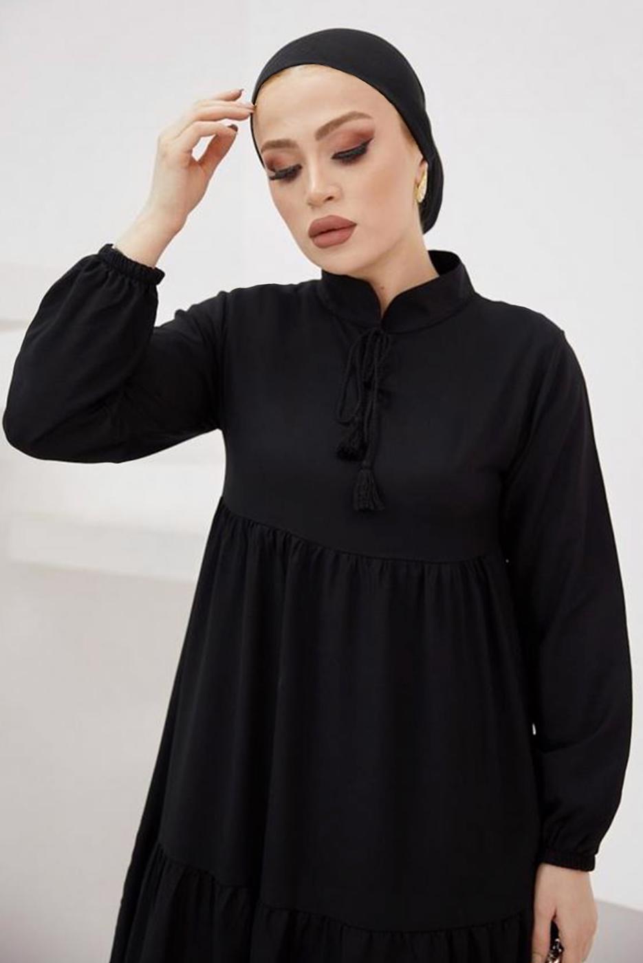 Tesettür giyim SİYAH HAKİM YAKA ROBALI SALAŞ ELBİSE T 524