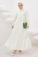 Tesettür giyim KREM HAKİM YAKA ROBALI SALAŞ ELBİSE T 524
