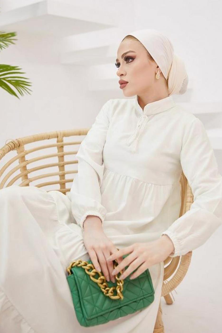 Tesettür giyim KREM HAKİM YAKA ROBALI SALAŞ ELBİSE T 524