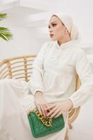 Tesettür giyim KREM HAKİM YAKA ROBALI SALAŞ ELBİSE T 524