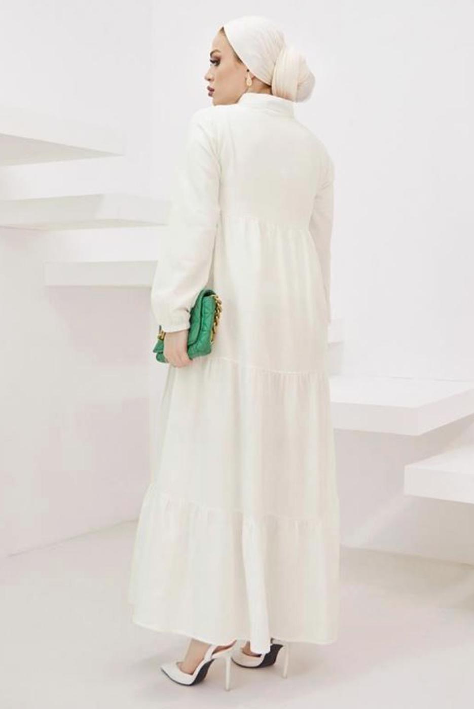 Tesettür giyim KREM HAKİM YAKA ROBALI SALAŞ ELBİSE T 524