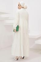 Tesettür giyim KREM HAKİM YAKA ROBALI SALAŞ ELBİSE T 524