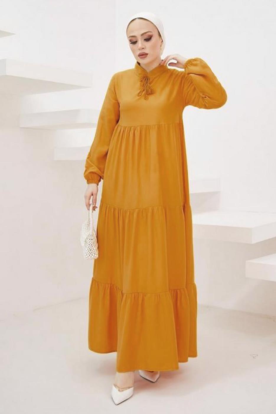 Tesettür giyim SARI HAKİM YAKA ROBALI SALAŞ ELBİSE T 524