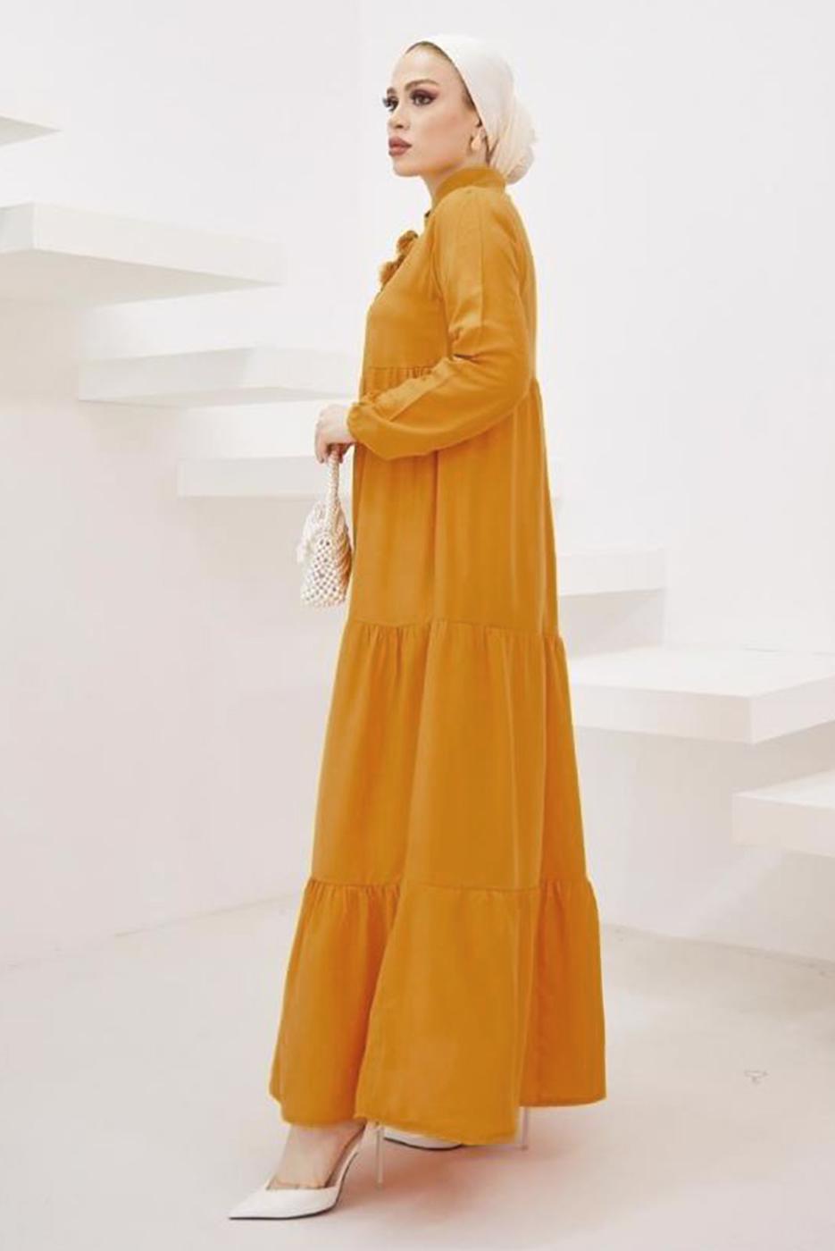 Tesettür giyim SARI HAKİM YAKA ROBALI SALAŞ ELBİSE T 524