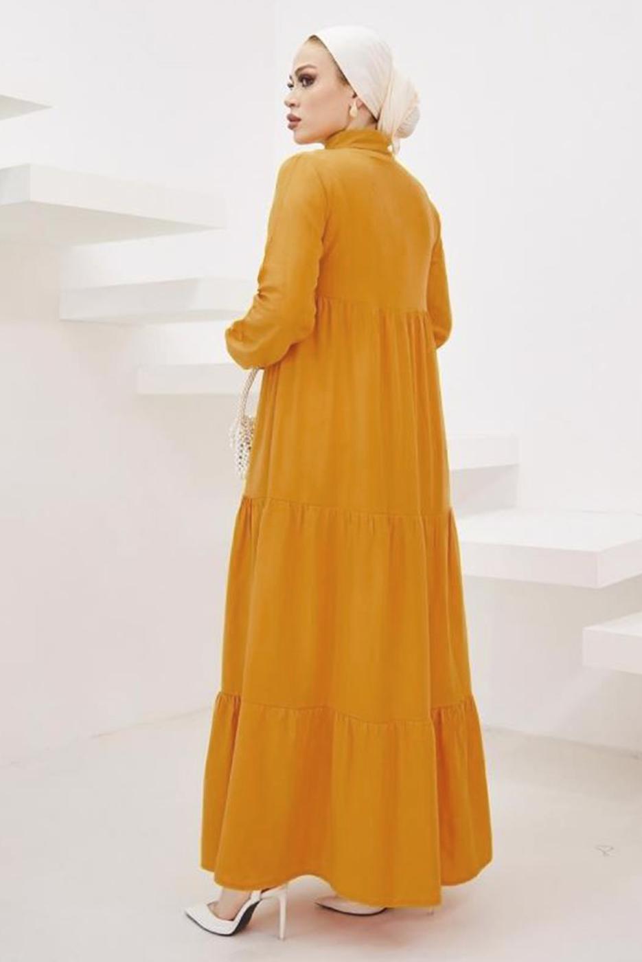 Tesettür giyim SARI HAKİM YAKA ROBALI SALAŞ ELBİSE T 524