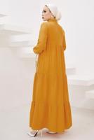 Tesettür giyim SARI HAKİM YAKA ROBALI SALAŞ ELBİSE T 524
