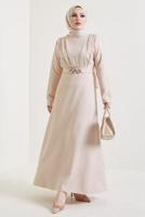 Tesettür giyim BEJ PİLİSE DETAYLI KEMERLİ KREP ELBİSE T 5261