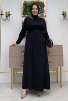 Hijab clothing BLACK PLEATED DRESS WITH JEWELLED COLLAR T 5283	