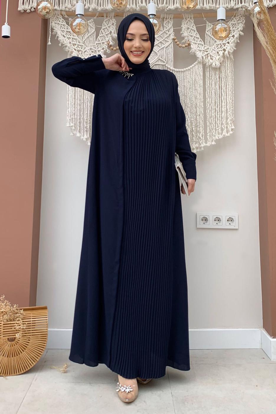 Tesettür giyim LACİVERT YAKASI TAŞLI PİLİSELİ ELBİSE T 5283