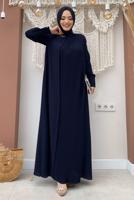 Tesettür giyim LACİVERT YAKASI TAŞLI PİLİSELİ ELBİSE T 5283