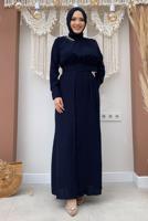 Tesettür giyim LACİVERT YAKASI TAŞLI PİLİSELİ ELBİSE T 5283
