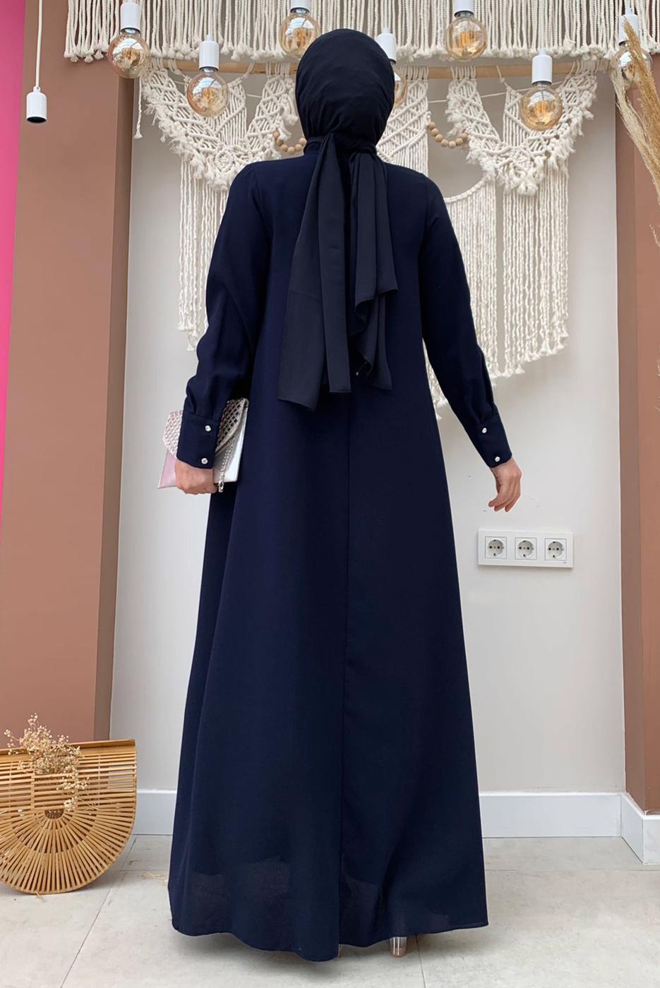 Tesettür giyim LACİVERT YAKASI TAŞLI PİLİSELİ ELBİSE T 5283