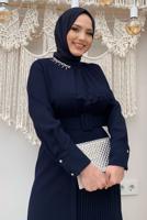 Tesettür giyim LACİVERT YAKASI TAŞLI PİLİSELİ ELBİSE T 5283