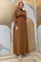 Tesettür giyim TABA YAKASI TAŞLI PİLİSELİ ELBİSE T 5283