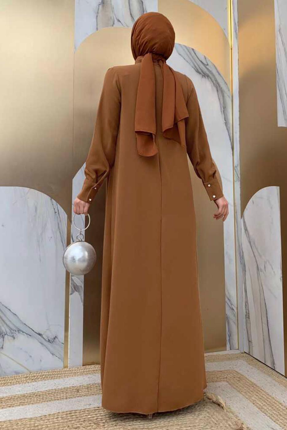 Tesettür giyim TABA YAKASI TAŞLI PİLİSELİ ELBİSE T 5283