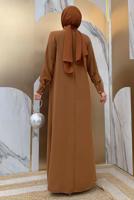 Tesettür giyim TABA YAKASI TAŞLI PİLİSELİ ELBİSE T 5283