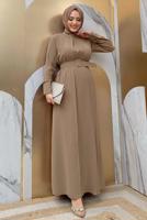 Tesettür giyim VİZON YAKASI TAŞLI PİLİSELİ ELBİSE T 5283
