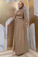 Tesettür giyim VİZON YAKASI TAŞLI PİLİSELİ ELBİSE T 5283