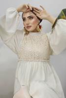 Tesettür giyim BEJ BALON KOL DANTEL DETAYLI ELBİSE T 5437