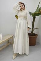 Tesettür giyim BEJ BALON KOL DANTEL DETAYLI ELBİSE T 5437