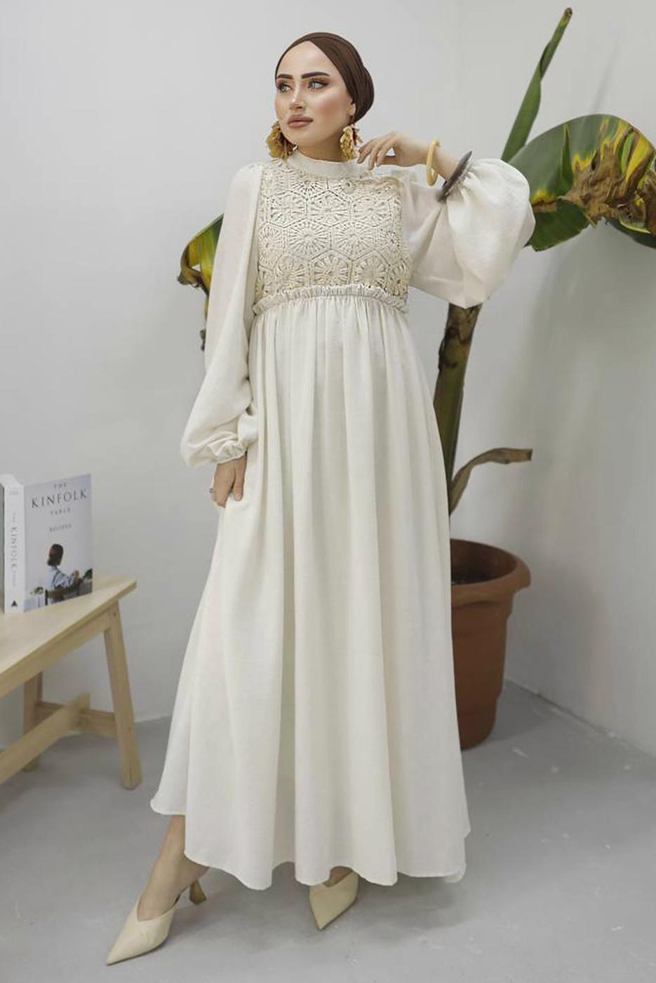 Tesettür giyim BEJ BALON KOL DANTEL DETAYLI ELBİSE T 5437