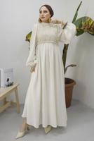 Tesettür giyim BEJ BALON KOL DANTEL DETAYLI ELBİSE T 5437