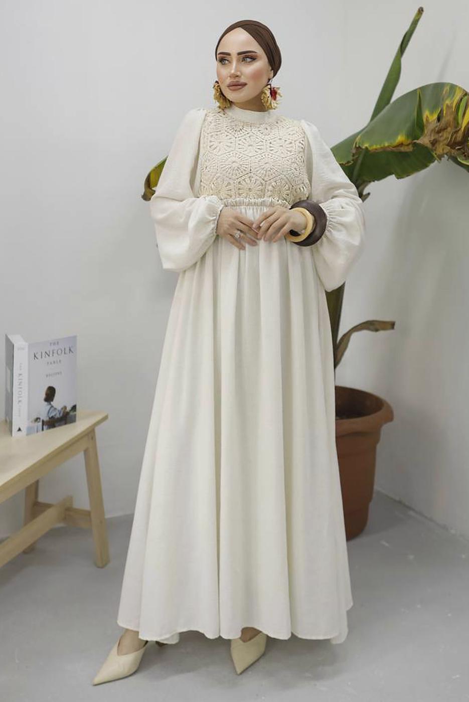 Tesettür giyim BEJ BALON KOL DANTEL DETAYLI ELBİSE T 5437