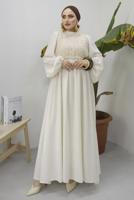 Tesettür giyim BEJ BALON KOL DANTEL DETAYLI ELBİSE T 5437