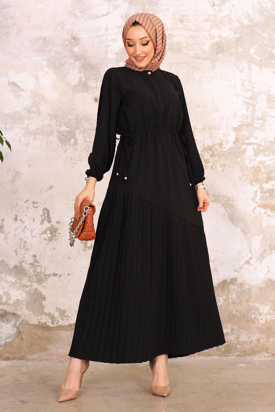 Tesettür giyim SİYAH BELİ BÜZGÜLÜ DÜĞME DETAYLI ELBİSE T 55002