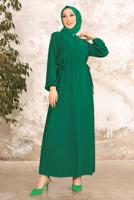 Tesettür giyim YEŞİL BELİ BÜZGÜLÜ DÜĞME DETAYLI ELBİSE T 55002
