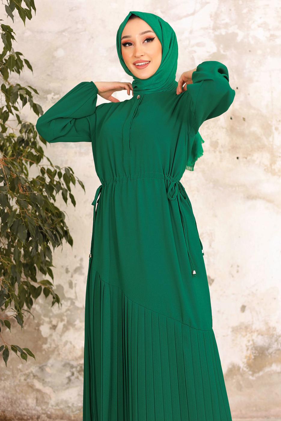 Tesettür giyim YEŞİL BELİ BÜZGÜLÜ DÜĞME DETAYLI ELBİSE T 55002