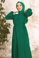 Tesettür giyim YEŞİL BELİ BÜZGÜLÜ DÜĞME DETAYLI ELBİSE T 55002