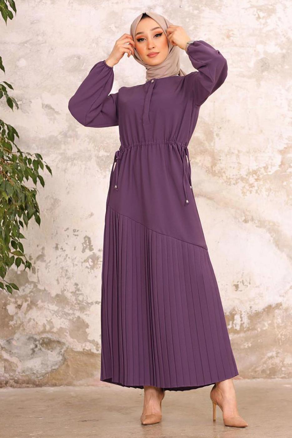 Tesettür giyim MOR BELİ BÜZGÜLÜ DÜĞME DETAYLI ELBİSE T 55002