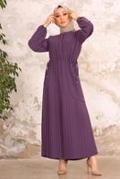 Tesettür giyim MOR BELİ BÜZGÜLÜ DÜĞME DETAYLI ELBİSE T 55002