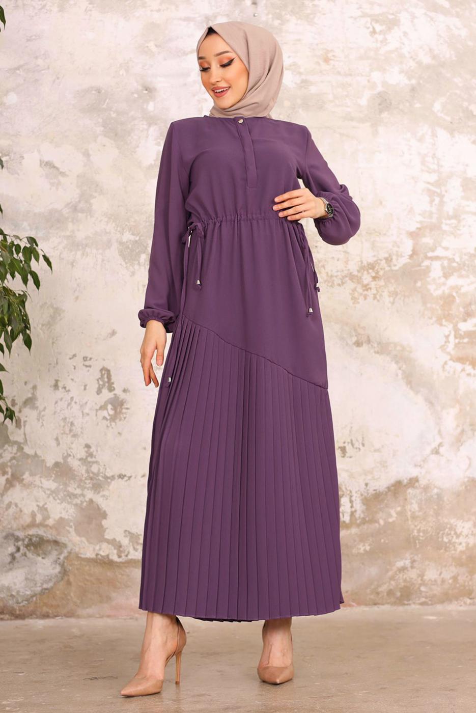 Tesettür giyim MOR BELİ BÜZGÜLÜ DÜĞME DETAYLI ELBİSE T 55002