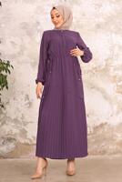 Tesettür giyim MOR BELİ BÜZGÜLÜ DÜĞME DETAYLI ELBİSE T 55002