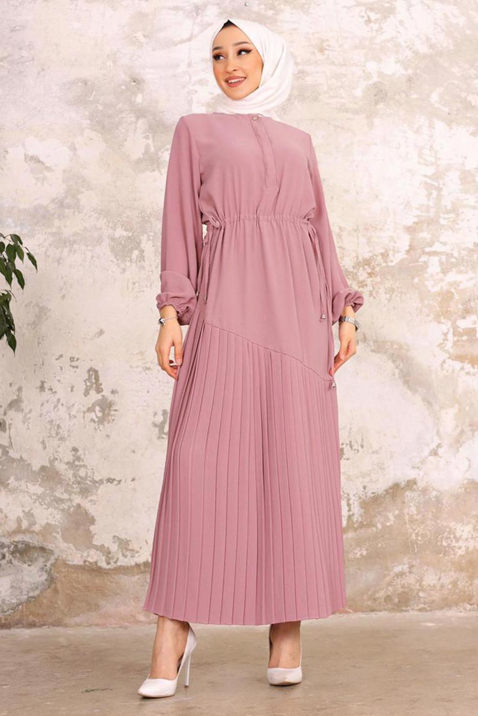 Tesettür giyim PUDRA BELİ BÜZGÜLÜ DÜĞME DETAYLI ELBİSE T 55002
