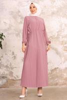 Tesettür giyim PUDRA BELİ BÜZGÜLÜ DÜĞME DETAYLI ELBİSE T 55002
