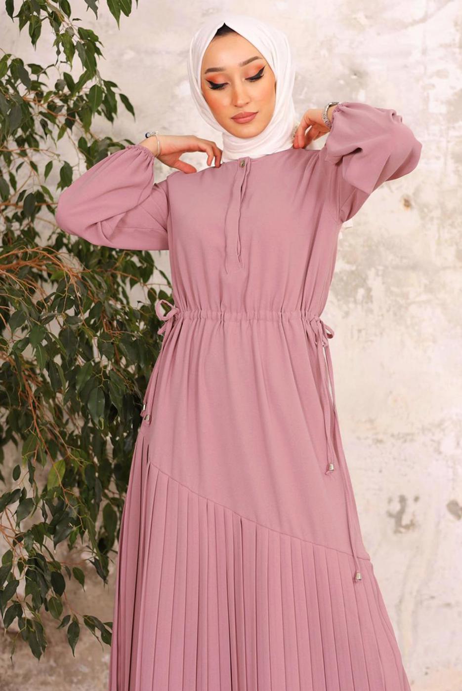 Tesettür giyim PUDRA BELİ BÜZGÜLÜ DÜĞME DETAYLI ELBİSE T 55002